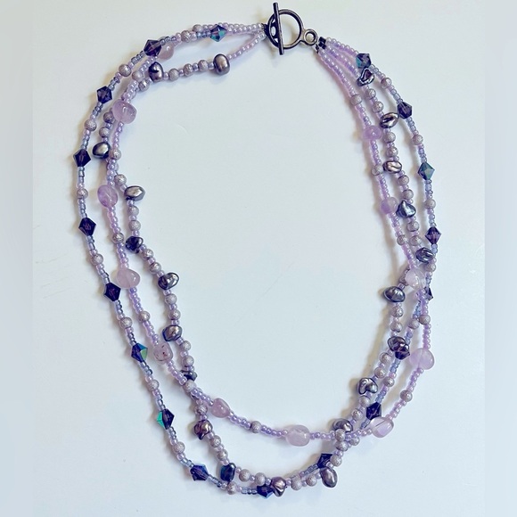 Purple Beaded Handmade Necklace Three Connected‎ Strands - Picture 3 of 6